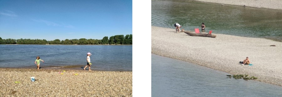 Oder zur Sandbank auf der badischen Rheinseite, Kiesel sammeln und Sonnenbaden?